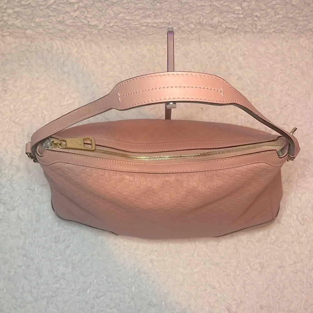 Gucci GG Microguccissima Monogram Bree Pink Leather Hobo Zip Shoulder Bag Purse